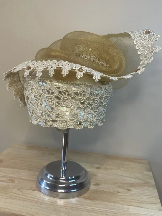 Ms Divine Metallic Gold Church Hat Lace Bow Elegant Derby Wedding Hat main image 7